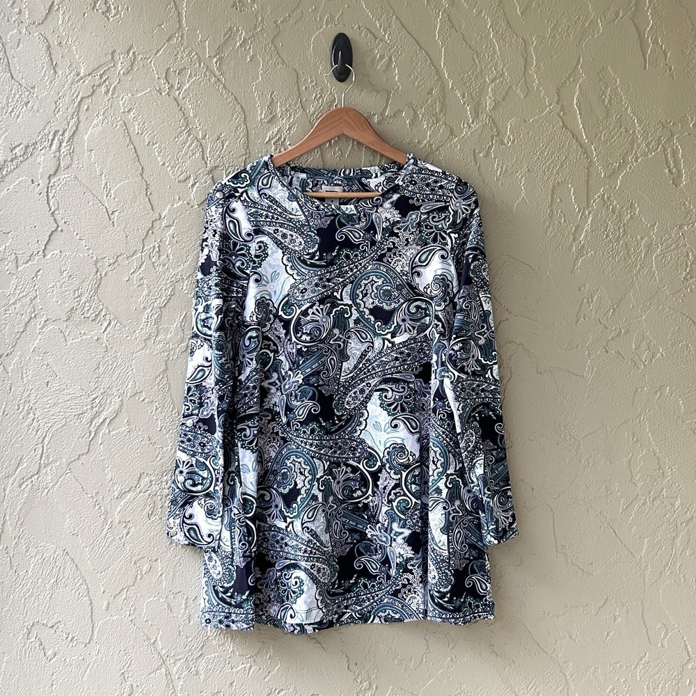 Chico's Women Small Multicolor Sz 0 Pima Cotton Button Sleeve Paisley Tunic NWOT